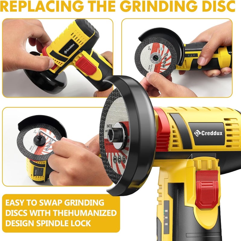 Creddux Cordless Angle Grinder, 3 Inch Mini Angle Grinder Tool With 2pcs 16.8V 2000mAh Batteries and 5 Grinding Wheel,19500rpm Metal Grinders for Cutting, Grinding and Polishing Yellow - Image 3